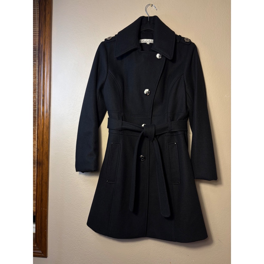 Kenneth Cole New York Black Wool Blend Belted Trench Coat 8 17ASG3408